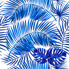 Palm leaves and monstera watercolor seamless pattern.