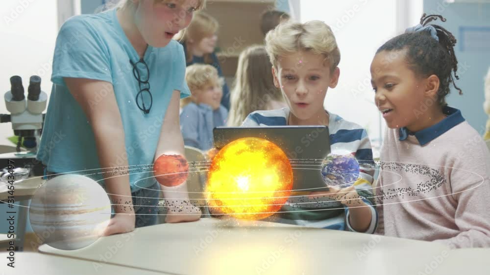 Poster three diverse school children in science class use digital tablet computer with augmented reality so