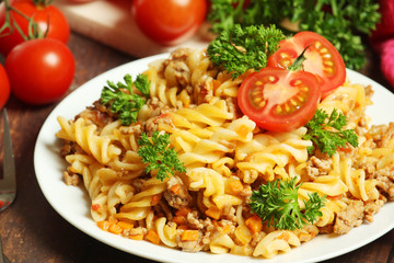 Fusilli pasta with meat and vegetables	