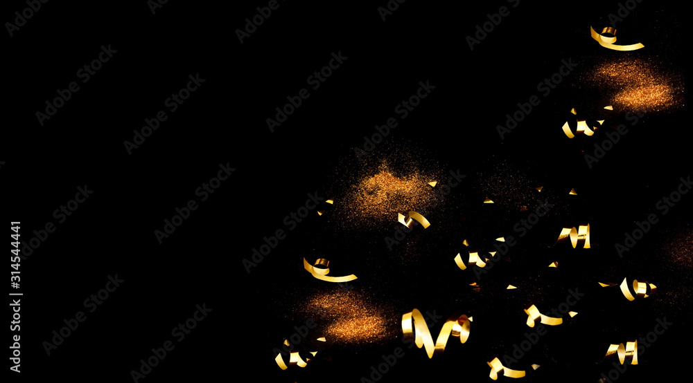 Poster black background with golden sparkles. concept for festive background or for project. blurred effect