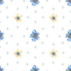 Seamless pattern of watercolor yellow and blue flowers on a white background. Use for invitations, birthdays, menus