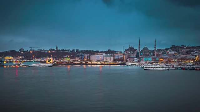 Istanbul Golden Horn Ship Movements Time Lapse during twilight with beautiful mosque and Istanbul view