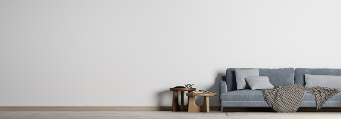Mock up modern interior with Blue sofa,  empty white background wall, 3D render