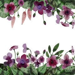frame for text watercolor purple leaves and flowers