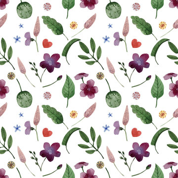 seamless pattern of purple leaves and flowers fabric