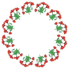 Round frame with colored vertical poppies, poppy Bud and leaf. Isolated wreath of red flowers on white background for your design