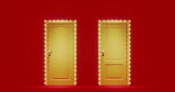 Minimal background for concept of choice. Loop motion of electric light bulbs and double doors on red background. 4k UHD 3d render animation illustration.