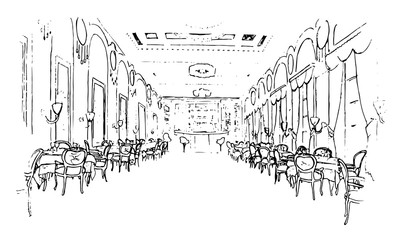 graphic illustration of the restaurant, black and white drawing, the situation inside the restaurant .vector image