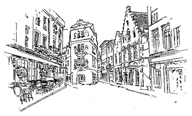 graphic illustration of the courtyard, black and white drawing, old town street, the road between the houses .vector image