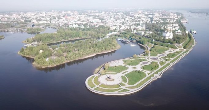 Aerial view of Assumption Cathedral on bank of Volga River and famous Strelka park in Russian city of Yaroslavl 