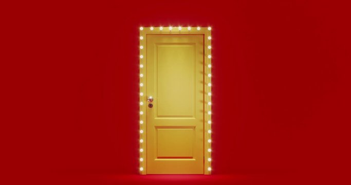 Minimal background for creative concept. Loop motion of electric light bulbs and door on red background. 4k UHD 3d render animation illustration.