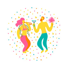 Obraz na płótnie Canvas Vector hand drawn illustration with man and woman in swimsuits. Man and woman having fun at a party. Couple in swimsuits with sparklers and glasses. Party on the beach