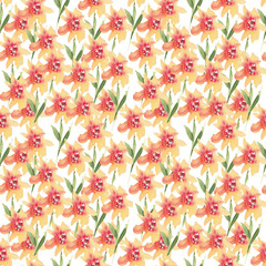 Seamless pattern of watercolor orange flowers on a white background. Use for invitations, birthdays, menus