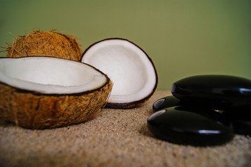 coconut, massage, sand, oil, coconut oil, obsidian, rocks, hot stones, alternative therapies, relaxation, meditation, decoration, interior, fruits, sea, beach, bottle, glass,