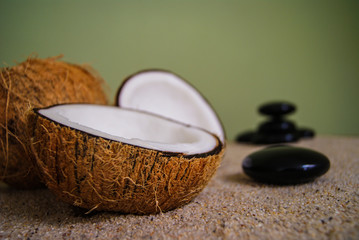 coconut, massage, sand, oil, coconut oil, obsidian, rocks, hot stones, alternative therapies,...