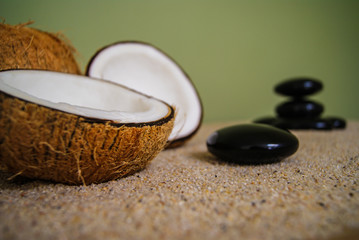 coconut, massage, sand, oil, coconut oil, obsidian, rocks, hot stones, alternative therapies, relaxation, meditation, decoration, interior, fruits, sea, beach, bottle, glass,