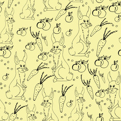 Rabbit and carrots. Seamless pattern. Hand drawn sketch. Clear outline.