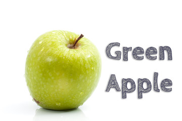 Green Apple words written on isolated background with fresh green apple