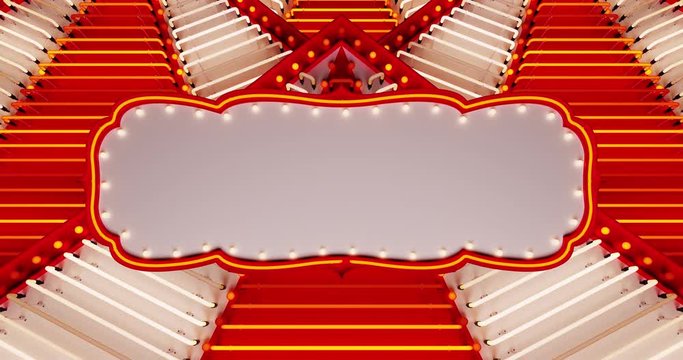 Abstract digital background for carnival concept. Circus vintage signboard label on red and white neon light strip loop motion. 4k UHD 3d render animation illustration.