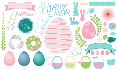 Happy Easter big set of floral vector elements: easter egg, rabbit, ribbon, wreath, basket, spring flowers, bird
