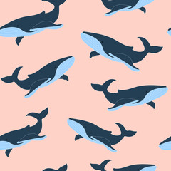 Seamless pattern pattern of a blue whale on a pink background. Children's print. The inhabitants of the sea.