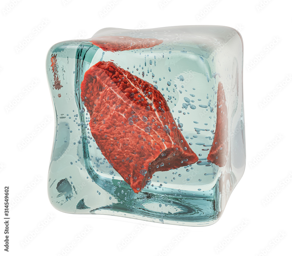 Aufkleber beef meat frozen in ice cube, 3d rendering