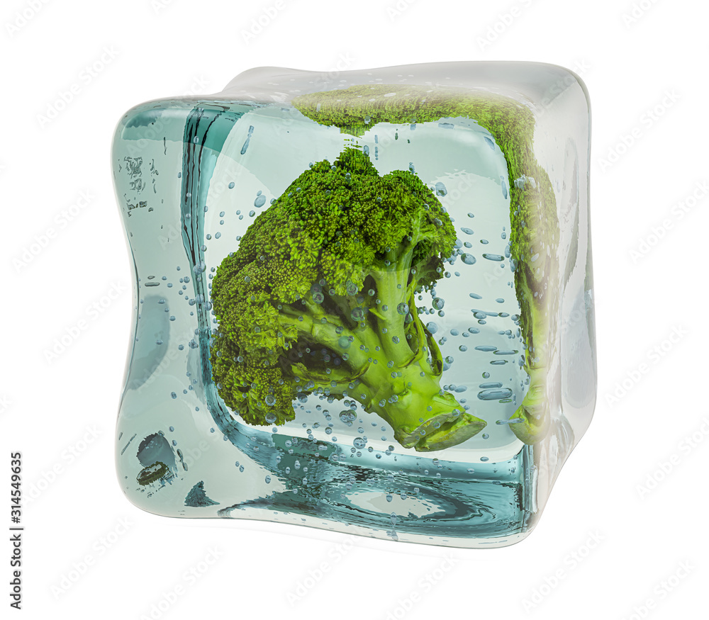 Poster broccoli cabbage frozen in ice cube, 3d rendering