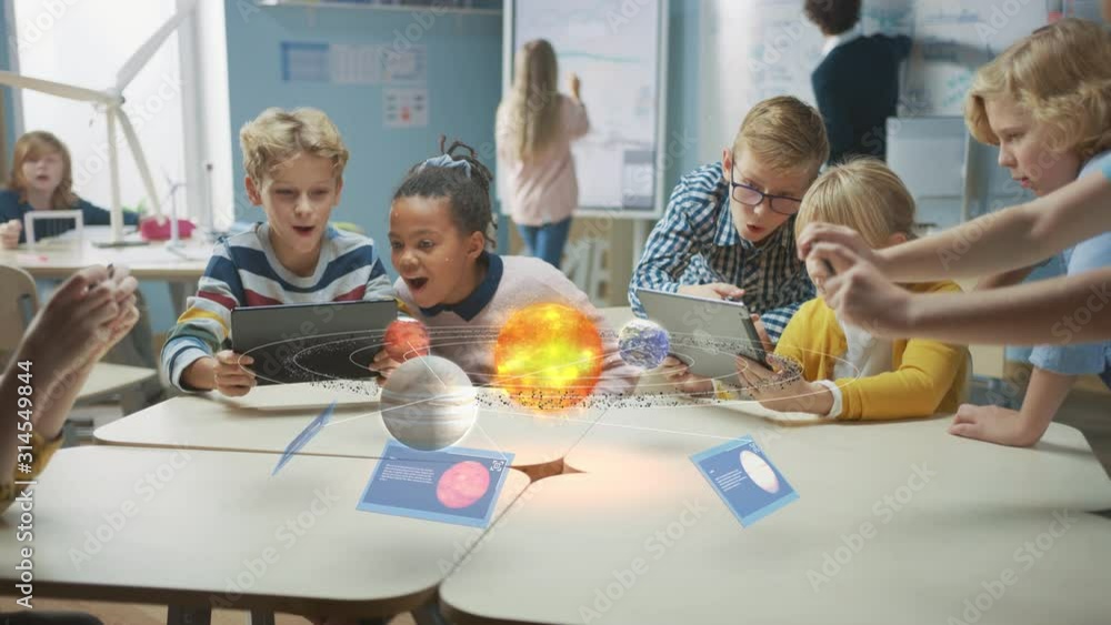Poster group of school children in science class use digital tablet computers with augmented reality softwa