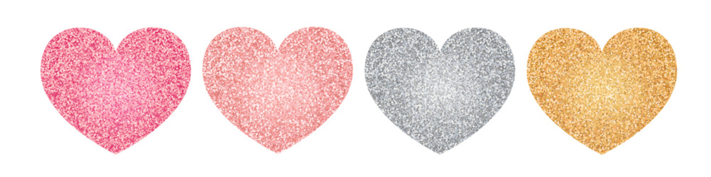 Glitter hearts set. Valentine's day design. Pink, silver and golden heart shapes. Vector illustration on white background.