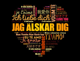 Jag alskar dig (I Love You in Swedish) love heart Word Cloud in different languages of the world
