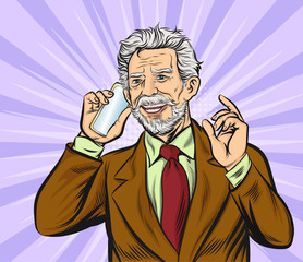 The old man talking on a mobile phone.Pop art retro vector illustration vintage kitsch drawing