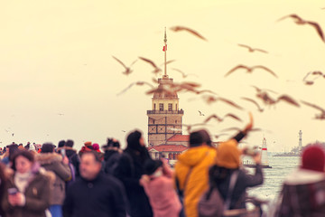 Fototapeta na wymiar Istanbul, People feed Seagulls in front of Maiden's Tower or Kiz Kulesi in Turkey