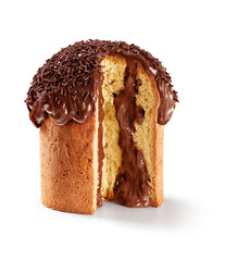 Panettone, an Italian type of sweet bread loaf, with icing, filling and chocolate sprinkles on top, usually prepared and enjoyed for Christmas and New Year. Isolated on white background.
