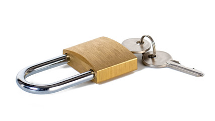 Metal padlock with keys on a ring isolated on white background