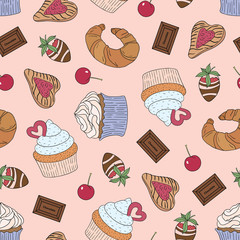 Vector seamless pattern with different pretty sweets, biscuits, cookies and cakes
