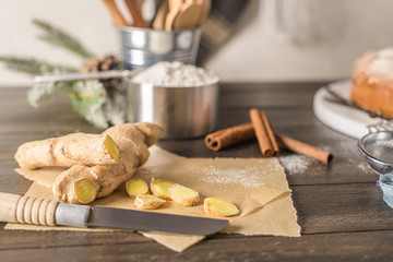 Ginger root and sliced