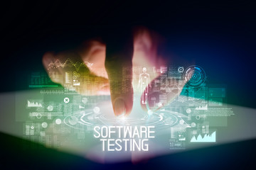 Finger touching tablet with web technology icons and SOFTWARE TESTING inscription