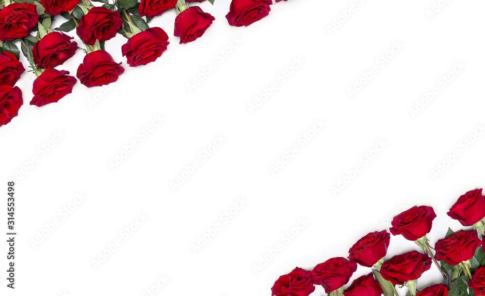 Wall mural frame of flowers red roses with leaves on a white background with space for text. top view, flat lay