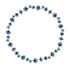 Round frame of flowers and lavender branches. Watercolor illustration on a white background.