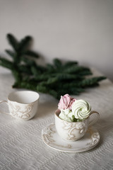 green, pink, marshmallows in a cup, herringbone-shaped cake