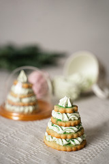 green, pink, marshmallows in a cup, herringbone-shaped cake