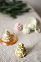 green, pink, marshmallows in a cup, herringbone-shaped cake
