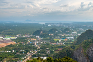 Fototapeta na wymiar Beautiful view of Krabi town from the top of the Tiger Cave Temple in Thailand.