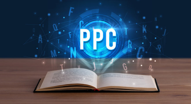 PPC inscription coming out from an open book, digital technology concept