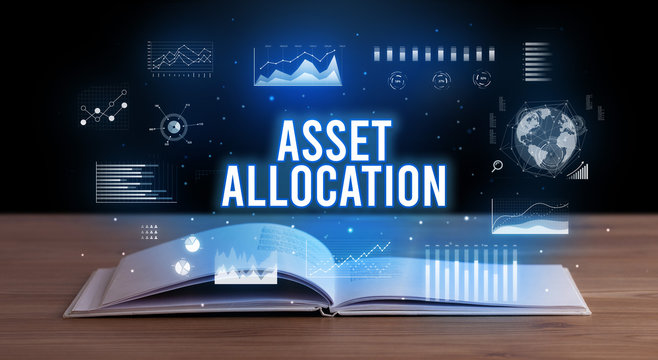 ASSET ALLOCATION inscription coming out from an open book, creative business concept