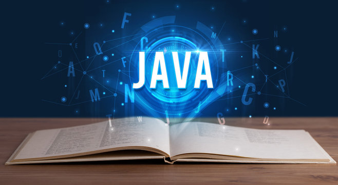 JAVA inscription coming out from an open book, digital technology concept
