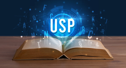 USP inscription coming out from an open book, digital technology concept