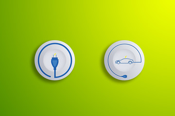 Push button icon of Energy charge symbol and  Electric power car icon on green color background.
