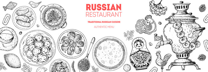 Russian cuisine top view frame. Food menu design elements. Traditional dishes. Russian food. Doodle collection. Vintage hand drawn sketch vector illustration. Menu background. Engraved style.