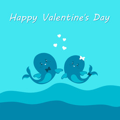 Two cute whales in love, sea, waves, hearts . Vector design for greeting cards, invitations, posters . Happy Valentine's day text